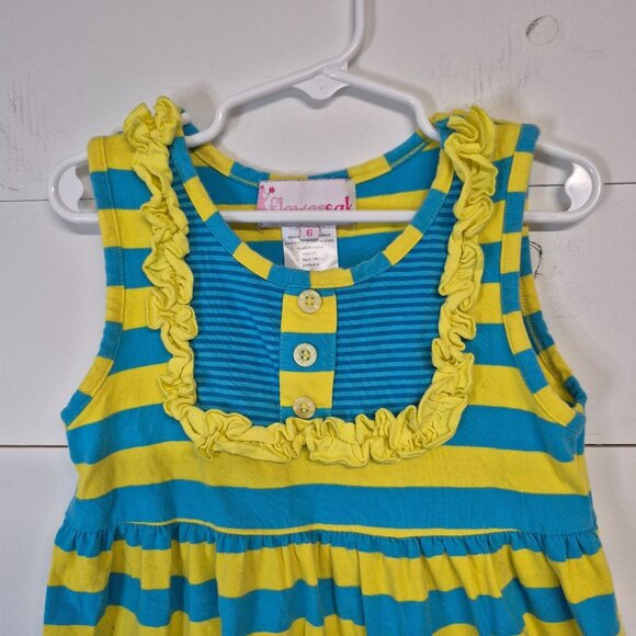 Girls Sleeveless Yellow & Blue Striped Tunic Dress With Ruffle By Flowersak Sz 6 - Picture 2 of 5